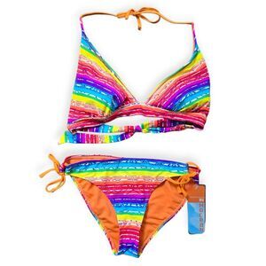 NWT In Mocean Juniors L String Tie Bikini 2 Pc Swimsuit Stripe Rainbow Tribal